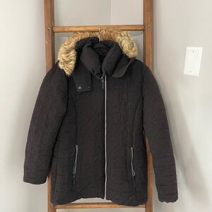 Marc New York Black Quilted Faux Down Parka Jacket with Faux Fur Hood
